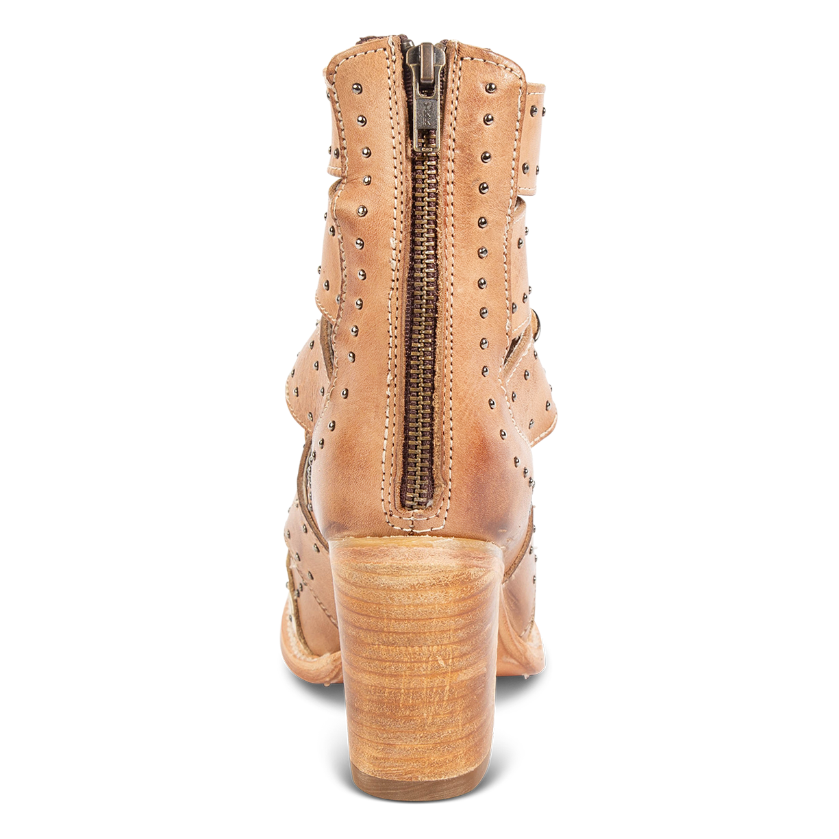 Back view showing a stacked heel and working brass zipper on FREEBIRD women's Brandy white snake embossed leather sandal