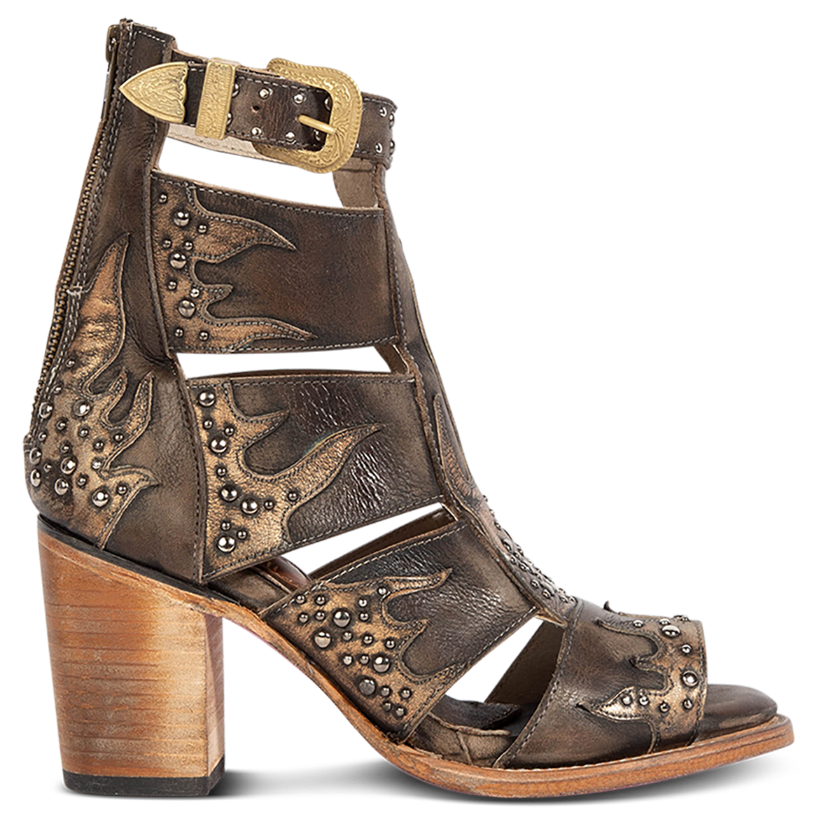 FREEBIRD women's Brooke black leather sandal with an adjustable leather ankle strap, flame leather overlays and an open toe silhouette