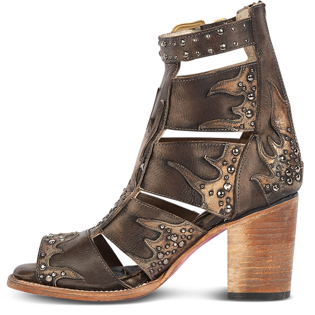 Inside view showing FREEBIRD women's Brooke black leather sandal with flame leather overlays, a lifted heel and an open toe silhouette