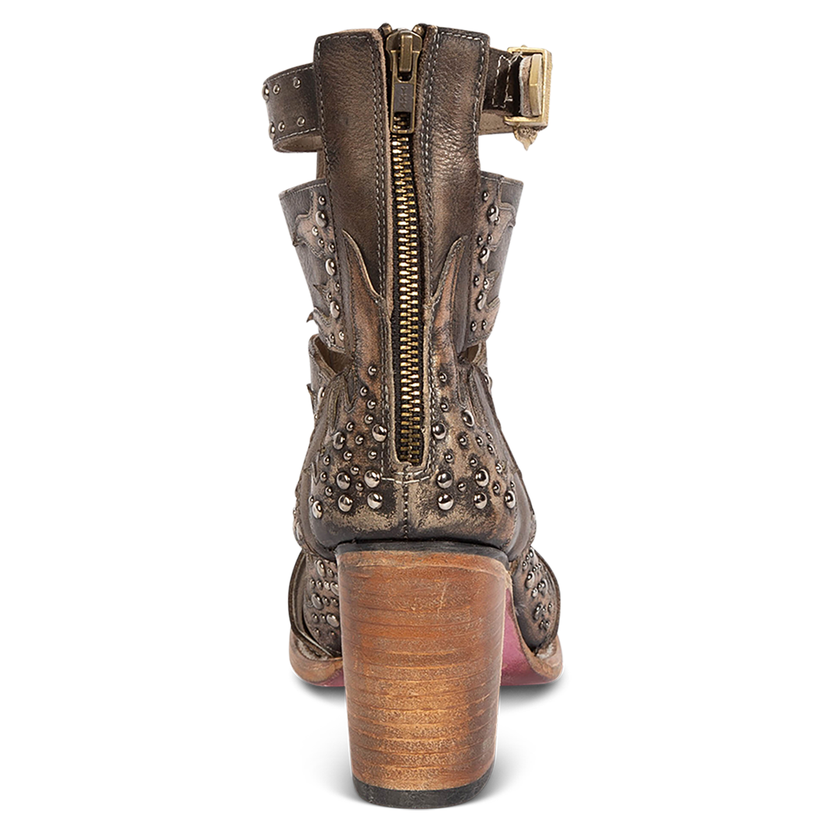 Back view showing FREEBIRD women's Brooke black leather sandal with a working brass zipper, lifted heel and silver stud embellishments