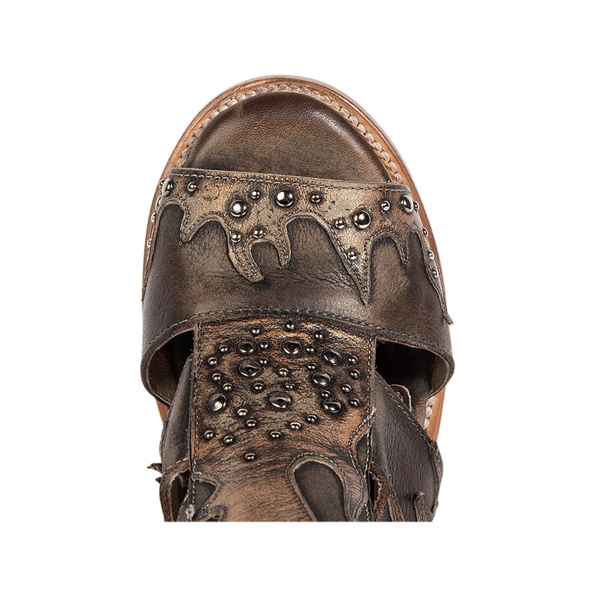 Top view showing a round toe construction and silver stud embellishments on FREEBIRD women's Brooke black leather sandal
