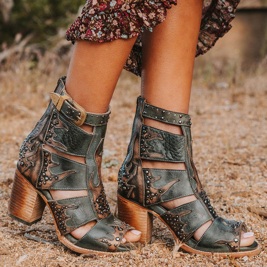 FREEBIRD women's Brooke blue leather sandal with an adjustable leather ankle strap, flame leather overlays and an open toe silhouette