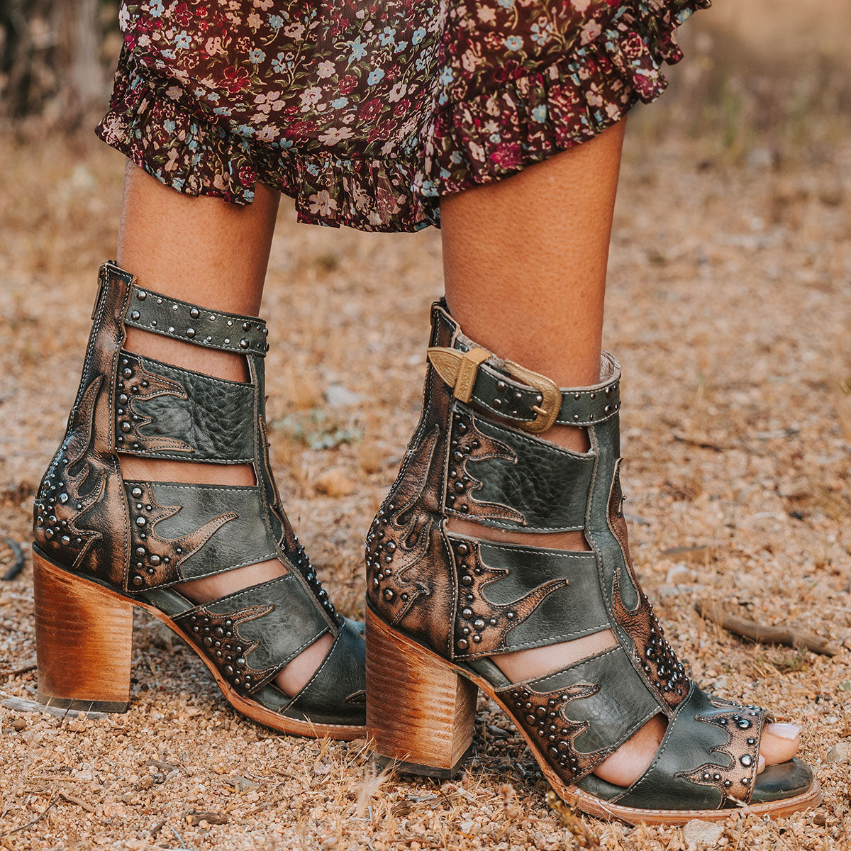 FREEBIRD women's Brooke blue leather sandal with an adjustable leather ankle strap, flame leather overlays and an open toe silhouette