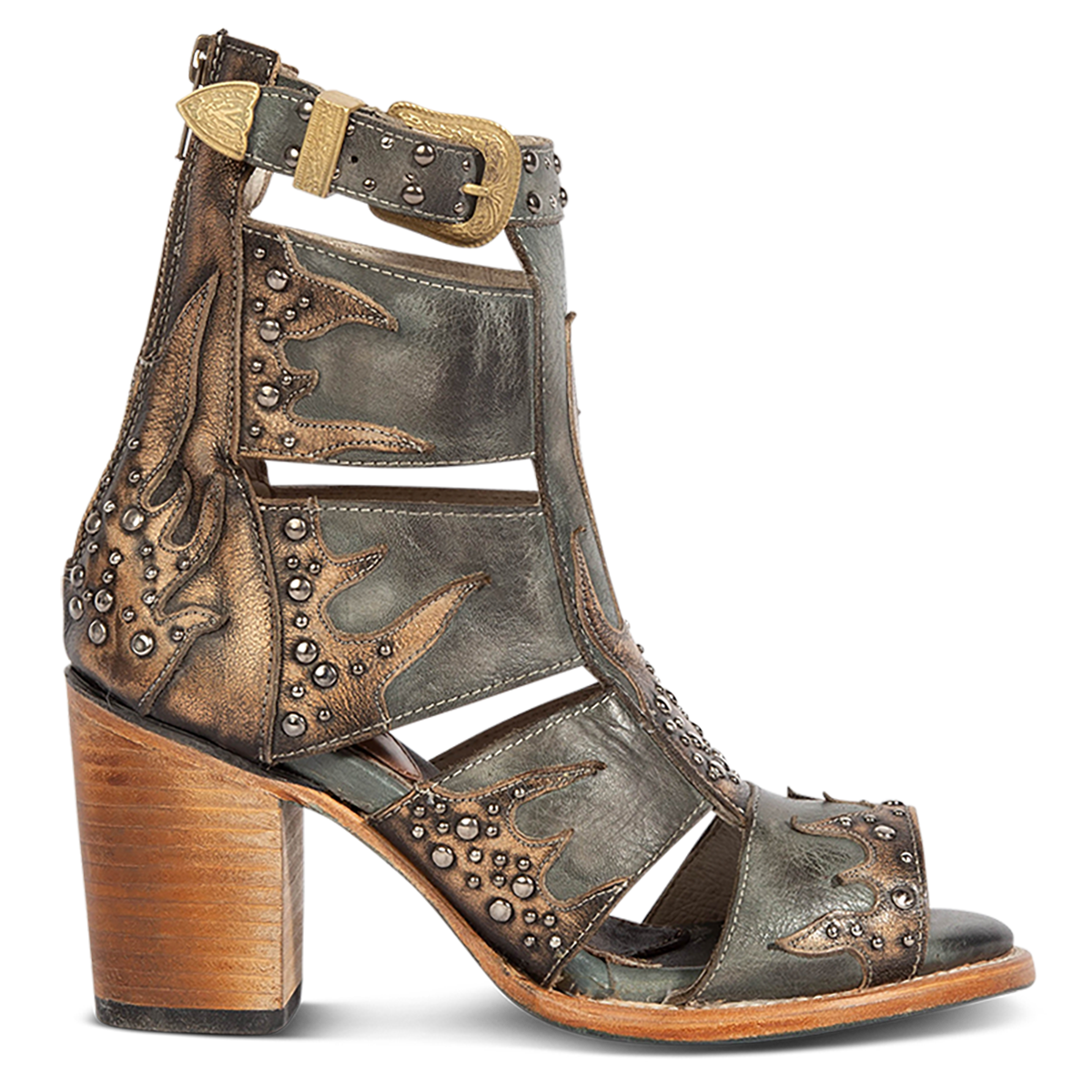 FREEBIRD women's Brooke blue leather sandal with an adjustable leather ankle strap, flame leather overlays and an open toe silhouette