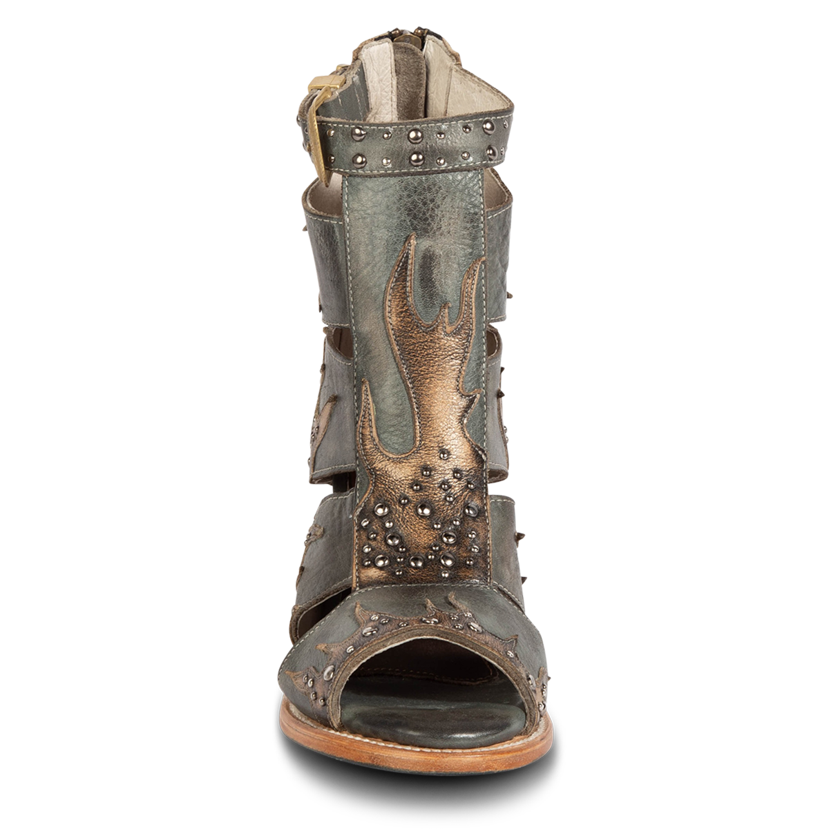 Front view showing FREEBIRD women's Brooke blue leather sandal with an adjustable leather ankle strap, flame leather overlays and an open toe silhouette