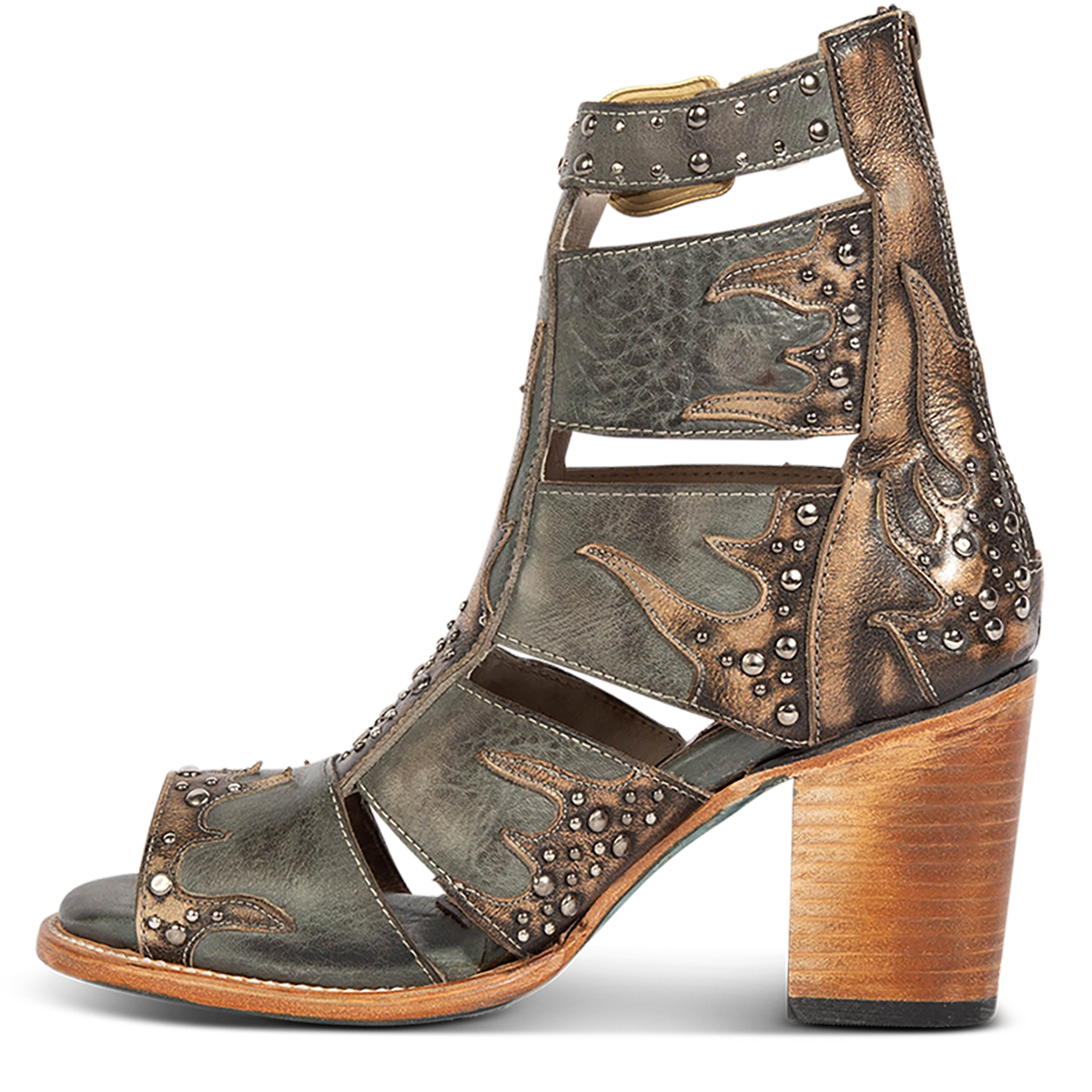 Inside view showing FREEBIRD women's Brooke blue leather sandal with flame leather overlays, a lifted heel and an open toe silhouette