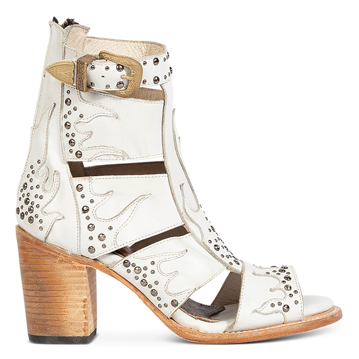 FREEBIRD women's Brooke white leather sandal with an adjustable leather ankle strap, flame leather overlays and an open toe silhouette