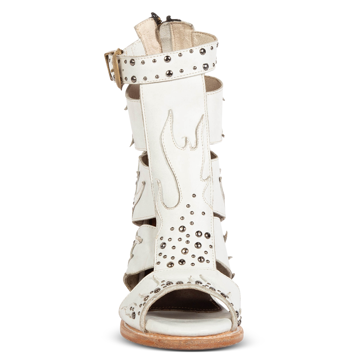 Front view showing FREEBIRD women's Brooke white leather sandal with an adjustable leather ankle strap, flame leather overlays and an open toe silhouette