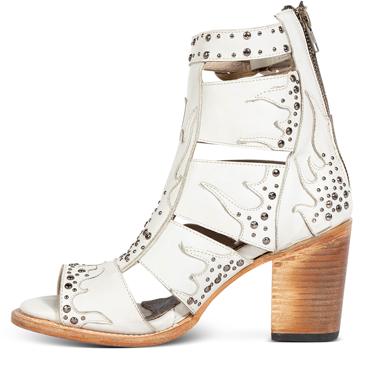 Inside view showing FREEBIRD women's Brooke white leather sandal with flame leather overlays, a lifted heel and an open toe silhouette