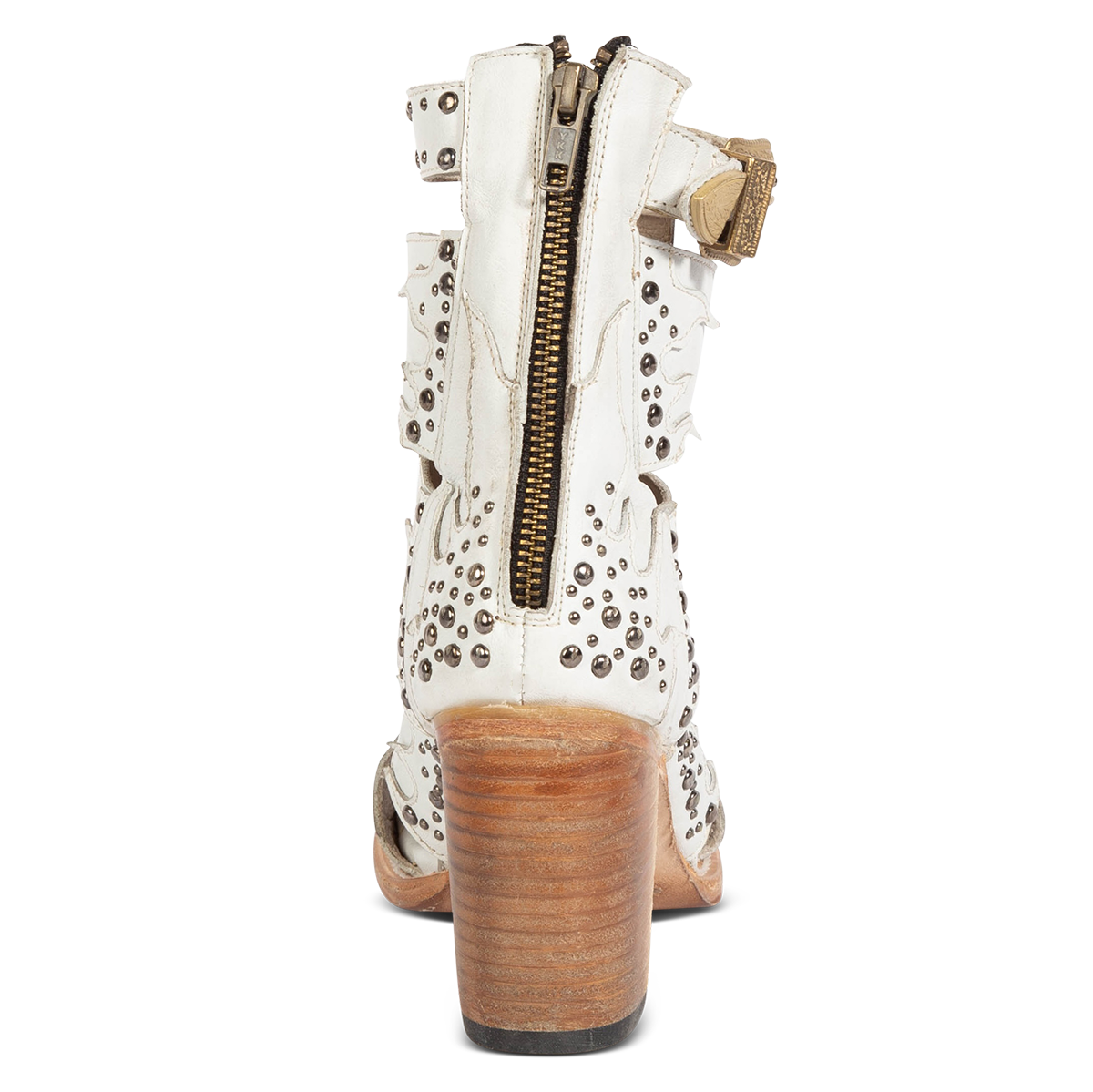 Back view showing FREEBIRD women's Brooke white leather sandal with a working brass zipper, lifted heel and silver stud embellishments