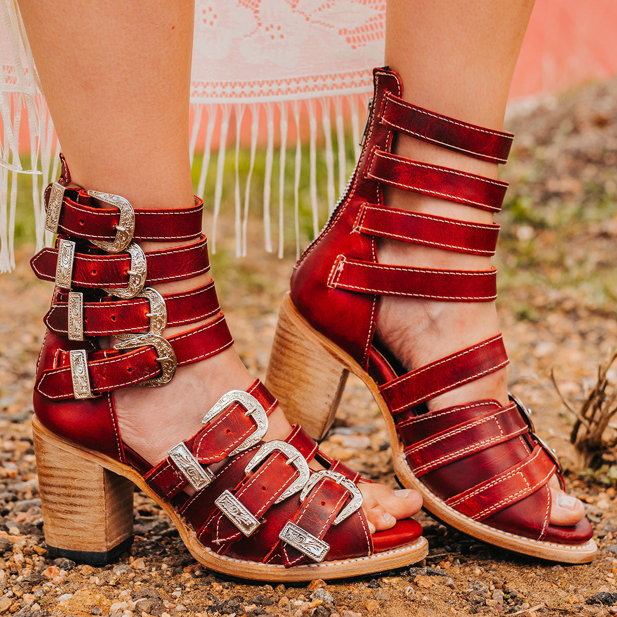 FREEBIRD women's Brooklynn red sandal with straps, metal western buckles and high-heel