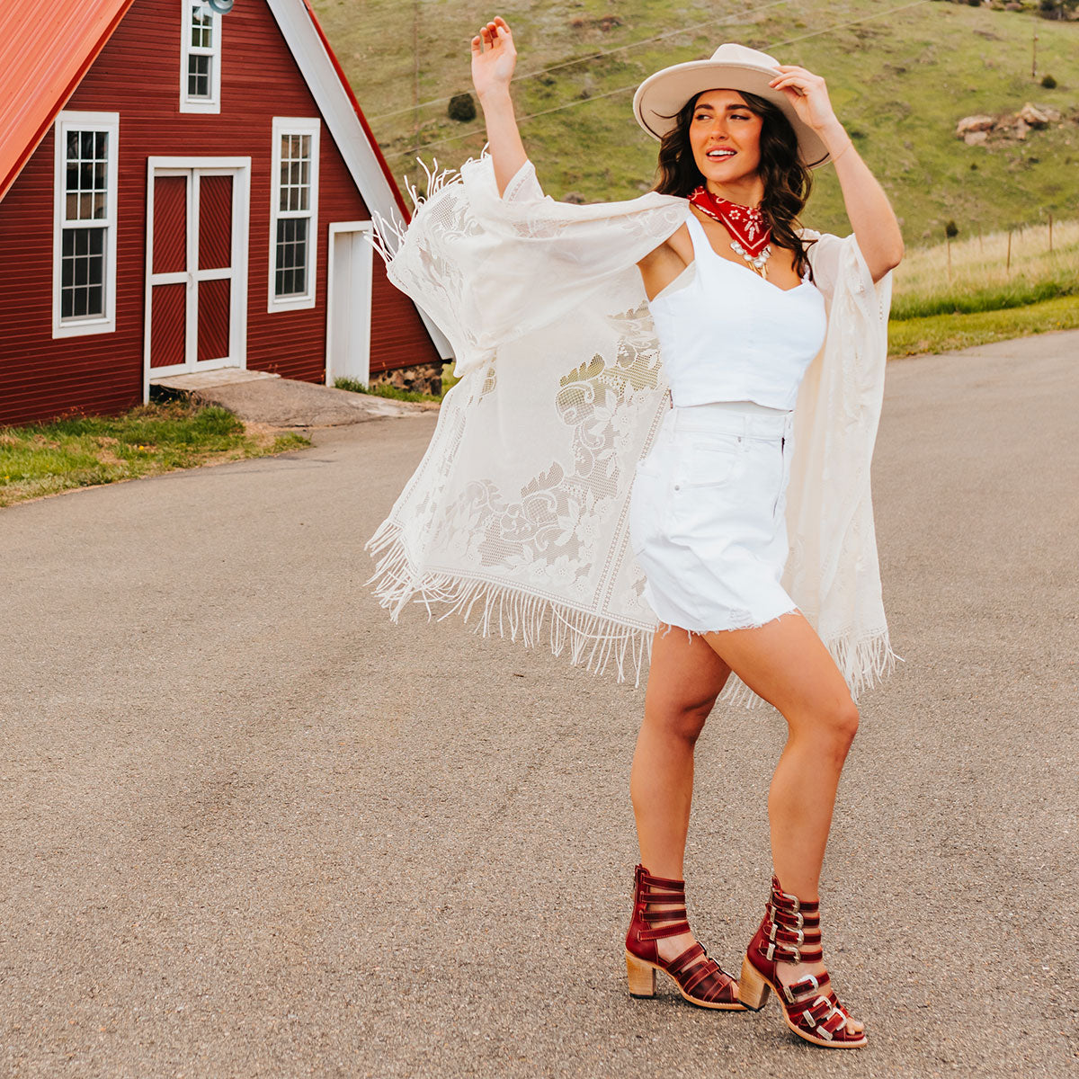 FREEBIRD women's Brooklynn red sandal with straps, metal western buckles and high-heel lifestyle