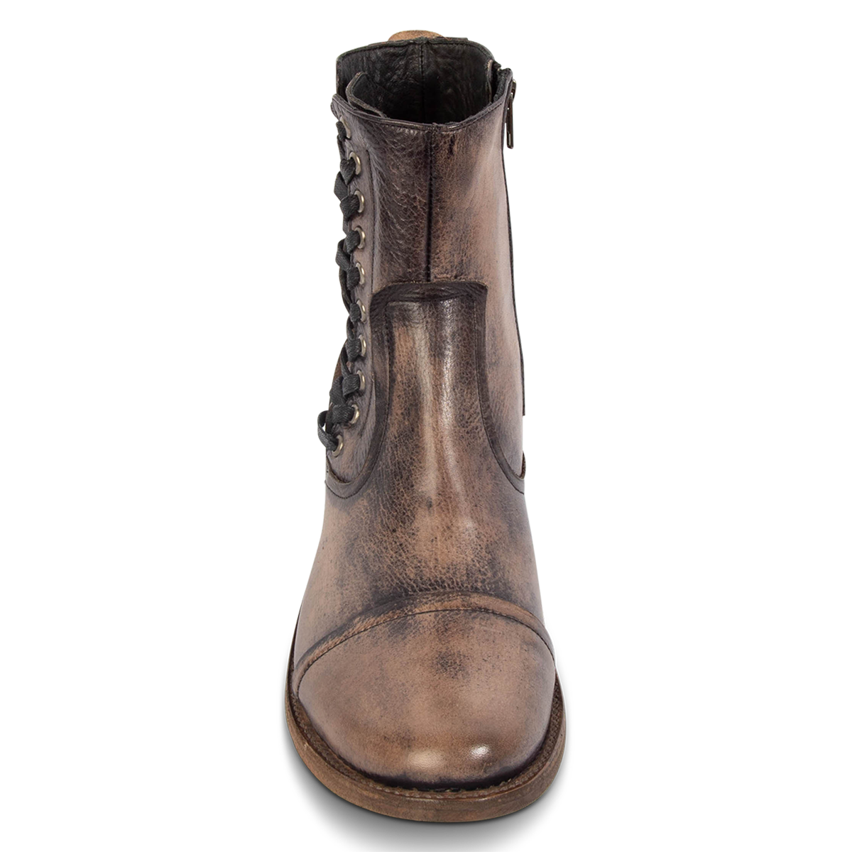 Front view showing side shaft lacing, an almond toe and Goodyear welt on Brooks black men's leather boot