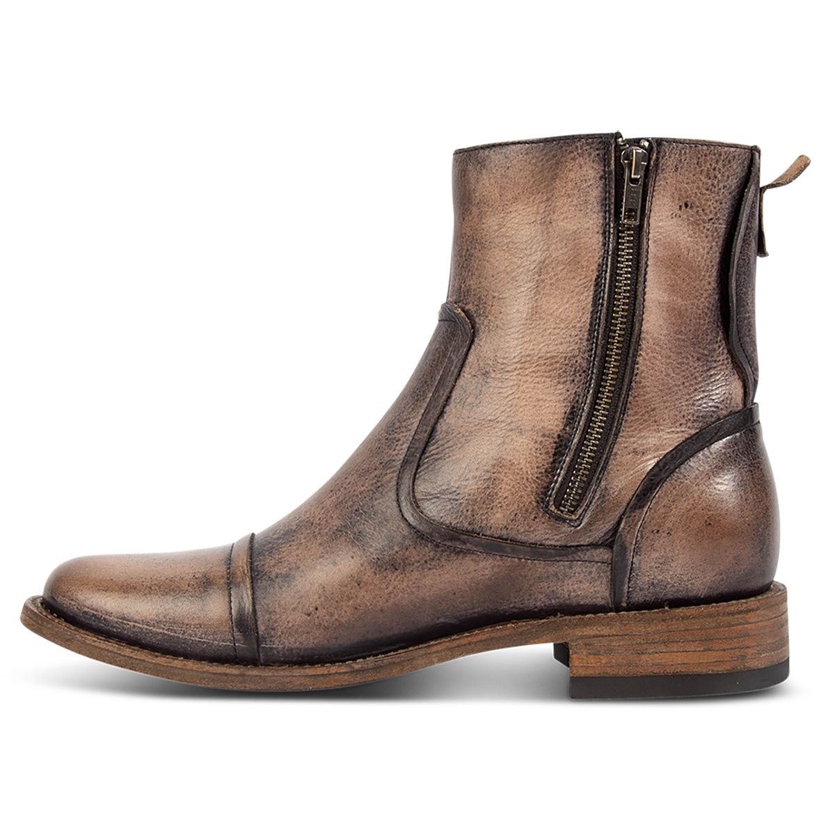 Side view showing inside working brass zip closure, low block heel and Goodyear welt on FREEBIRD men's Brooks black leather boot