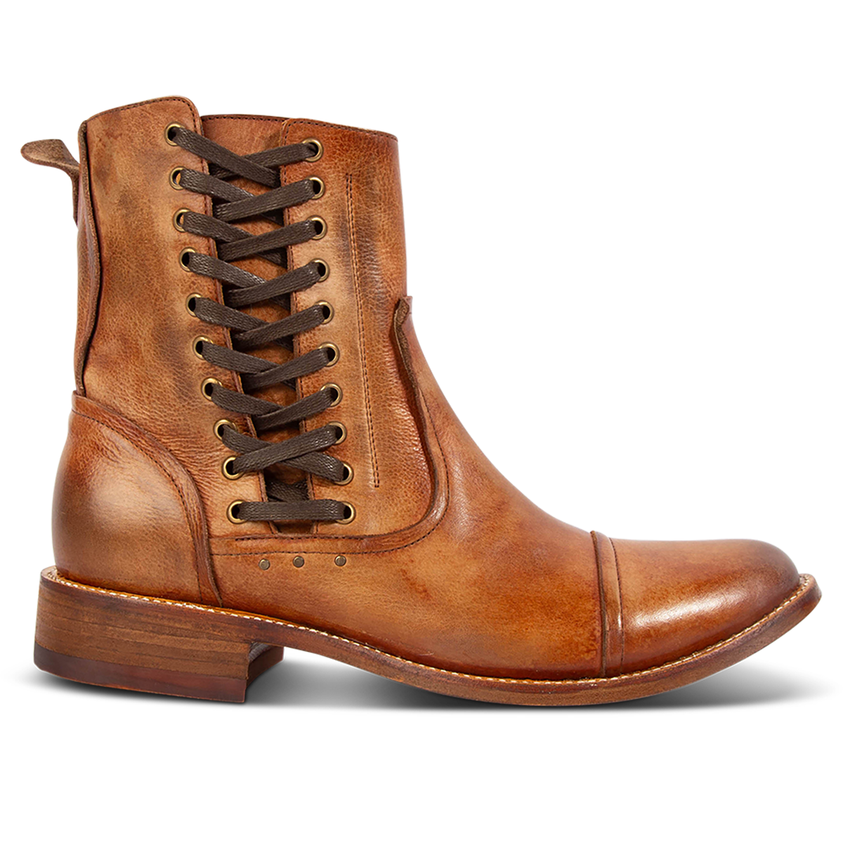 FREEBIRD men's Brooks cognac leather boot featuring side shaft lacing, leather sole and low block heel