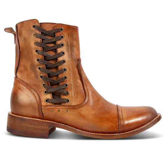 FREEBIRD men's Brooks cognac leather boot featuring side shaft lacing, leather sole and low block heel