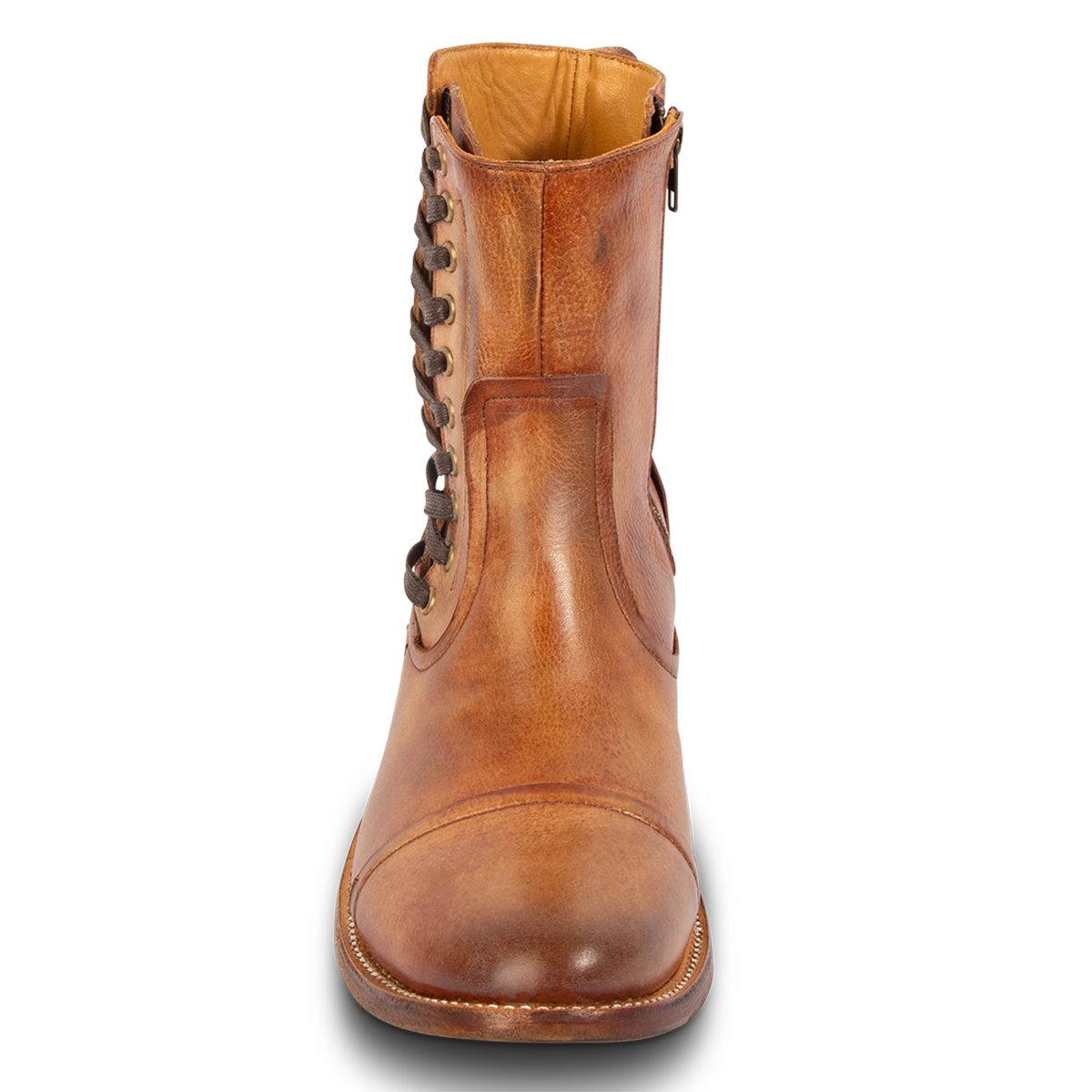 Front view showing side shaft lacing, an almond toe and Goodyear welt on Brooks cognac men's leather boot