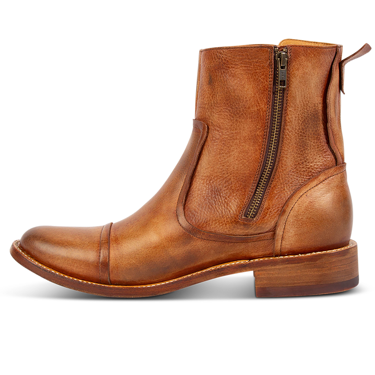 Side view showing inside working brass zip closure, low block heel and Goodyear welt on FREEBIRD men's Brooks cognac leather boot