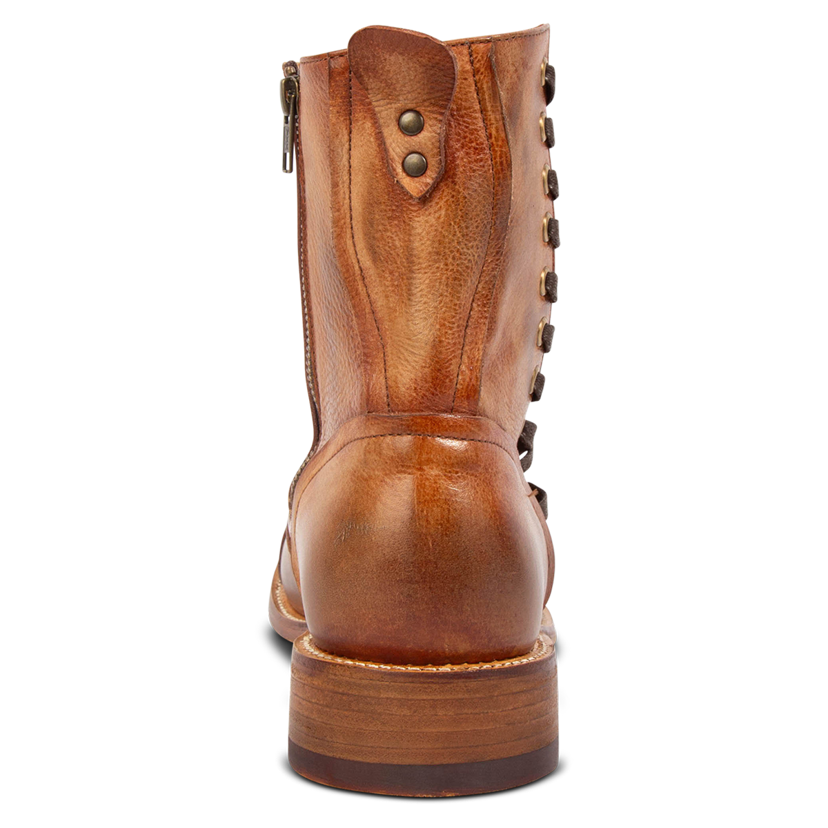 Back view showing studded paneling and low block heel on FREEBIRD men's Brooks Cognac leather boot