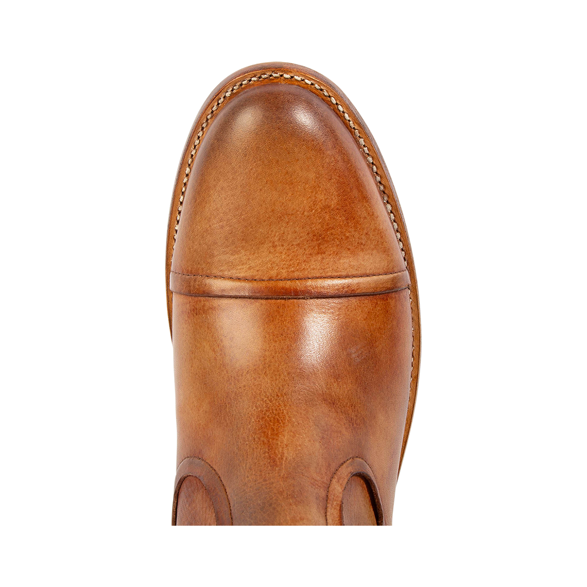 Top view showing an almond toe on FREEBIRD men's Brooks cognac leather boot