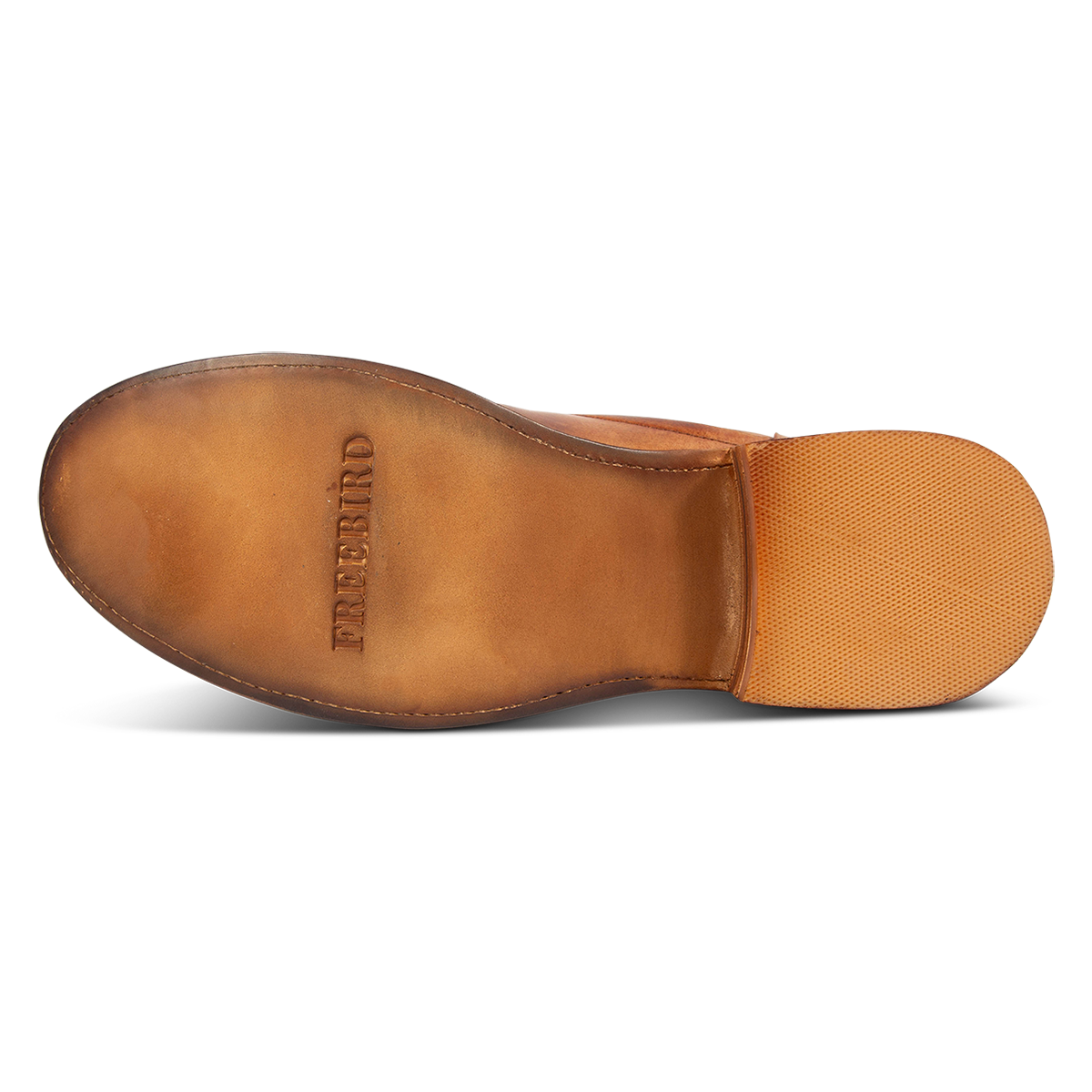 Leather imprinted sole FREEBIRD on men's Brooks cognac leather boot