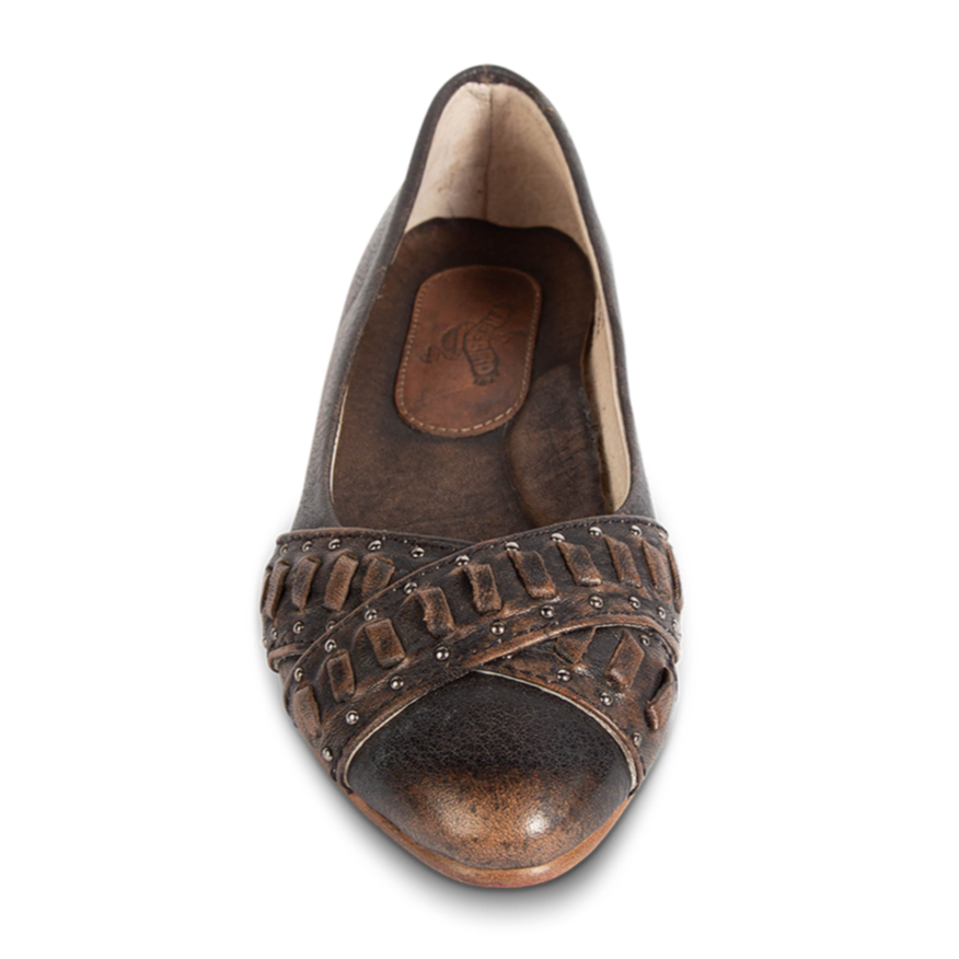 Front view showing leather overlay on FREEBIRD women's Brynn black ballet flat slip-on shoe featuring stud detailing a pointed toe