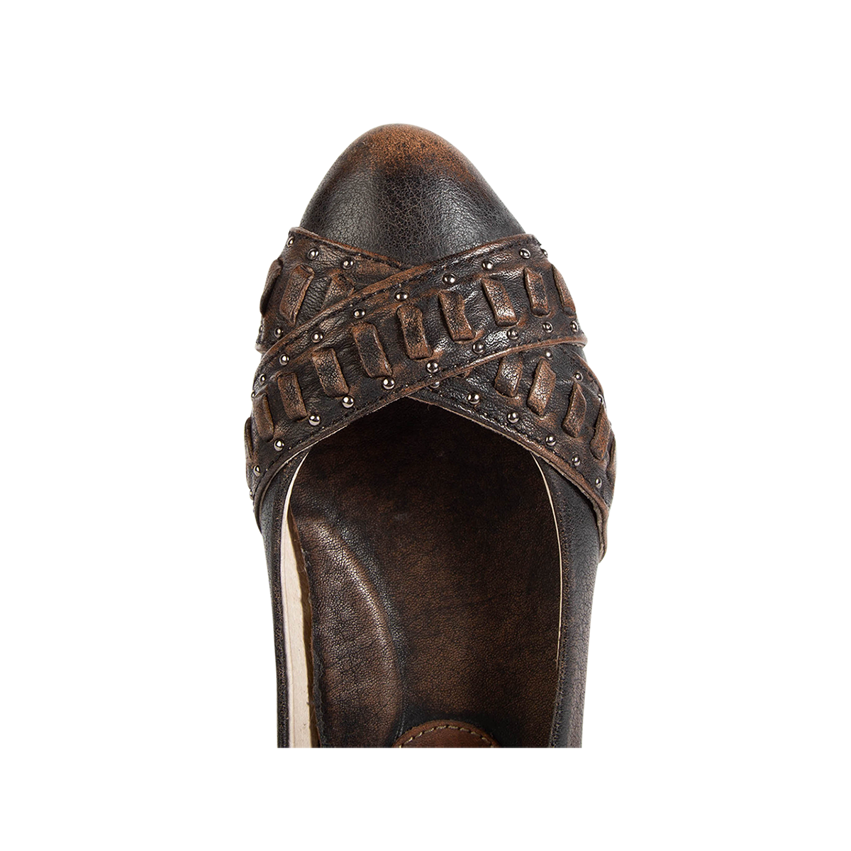 Top view showing leather overlay on FREEBIRD women's Brynn black ballet flat slip-on shoe featuring stud detailing a pointed toe