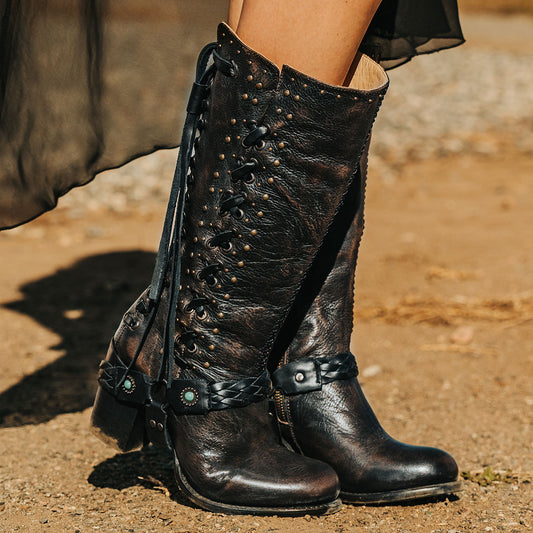 FREEBIRD women's Buck black leather tall boot with shaft lacing and stud detailing