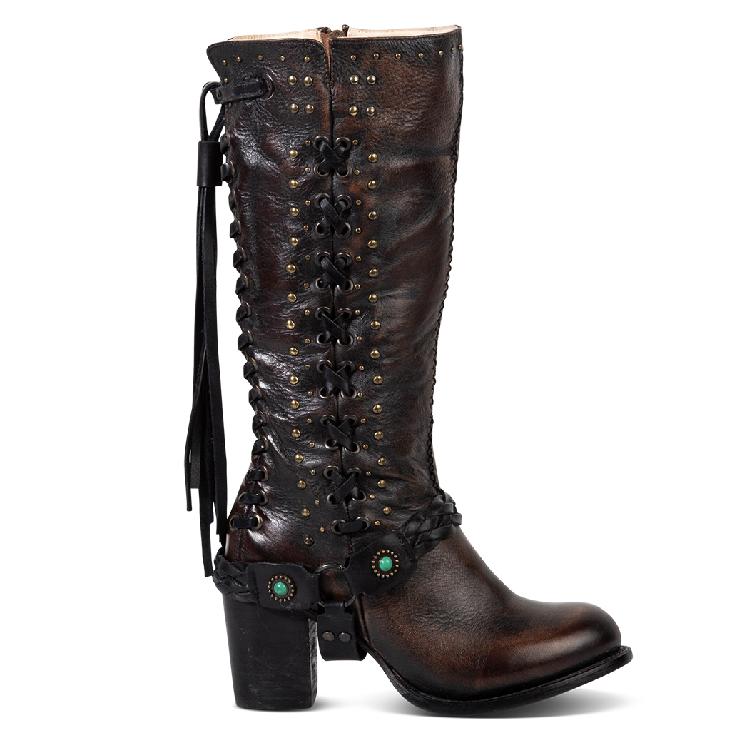 FREEBIRD women's Buck black leather tall boot with shaft lacing and stud detailing