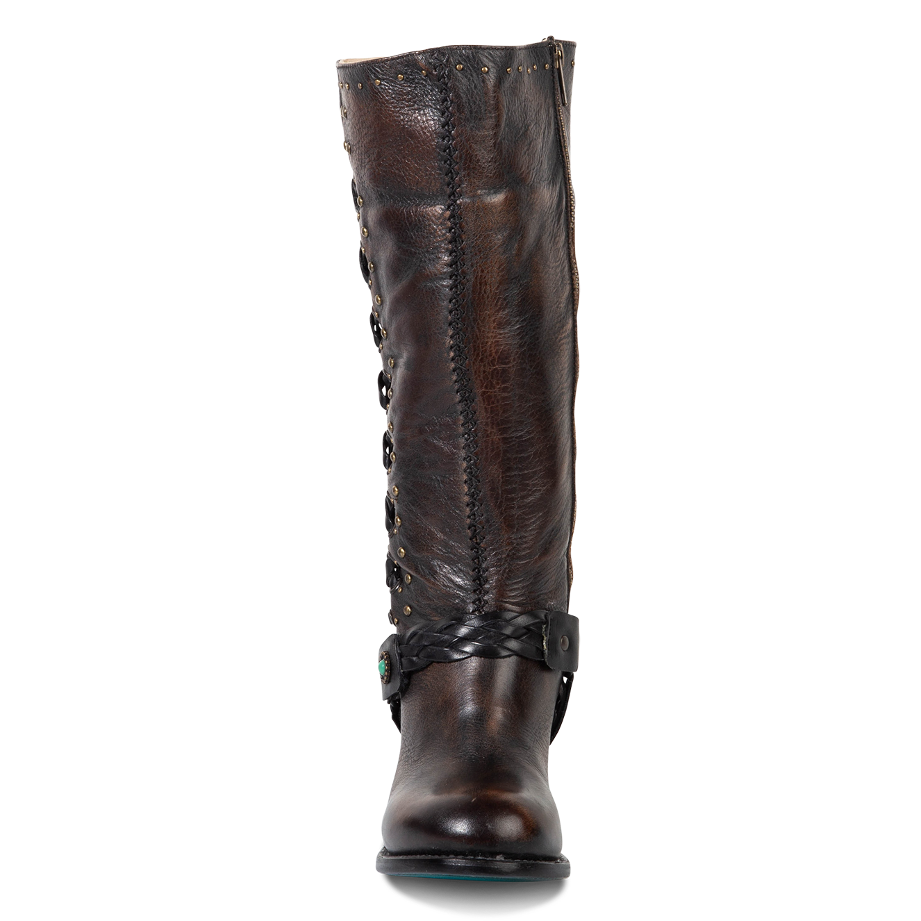 Front view showing leather shaft with circumference stud detailing and braided ankle harness on FREEBIRD women's Buck black boot