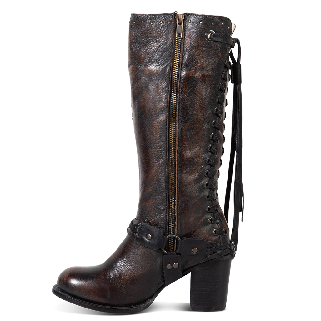 Inside view showing working brass zip closure and removable braided ankle harness on FREEBIRD women's Buck black boot