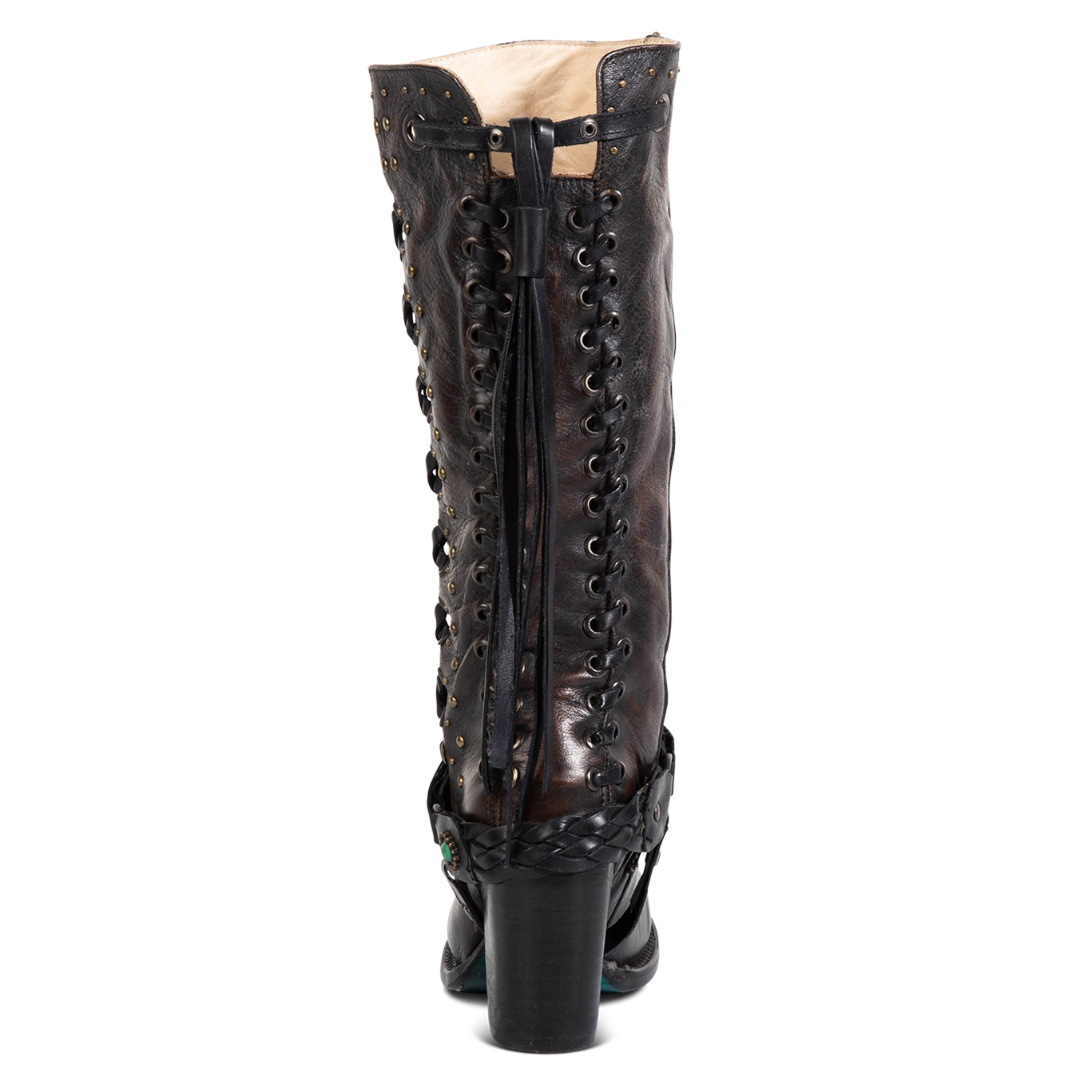 Back view showing shaft lace detailing and high leather wrapped heel on FREEBIRD women's Buck black boot