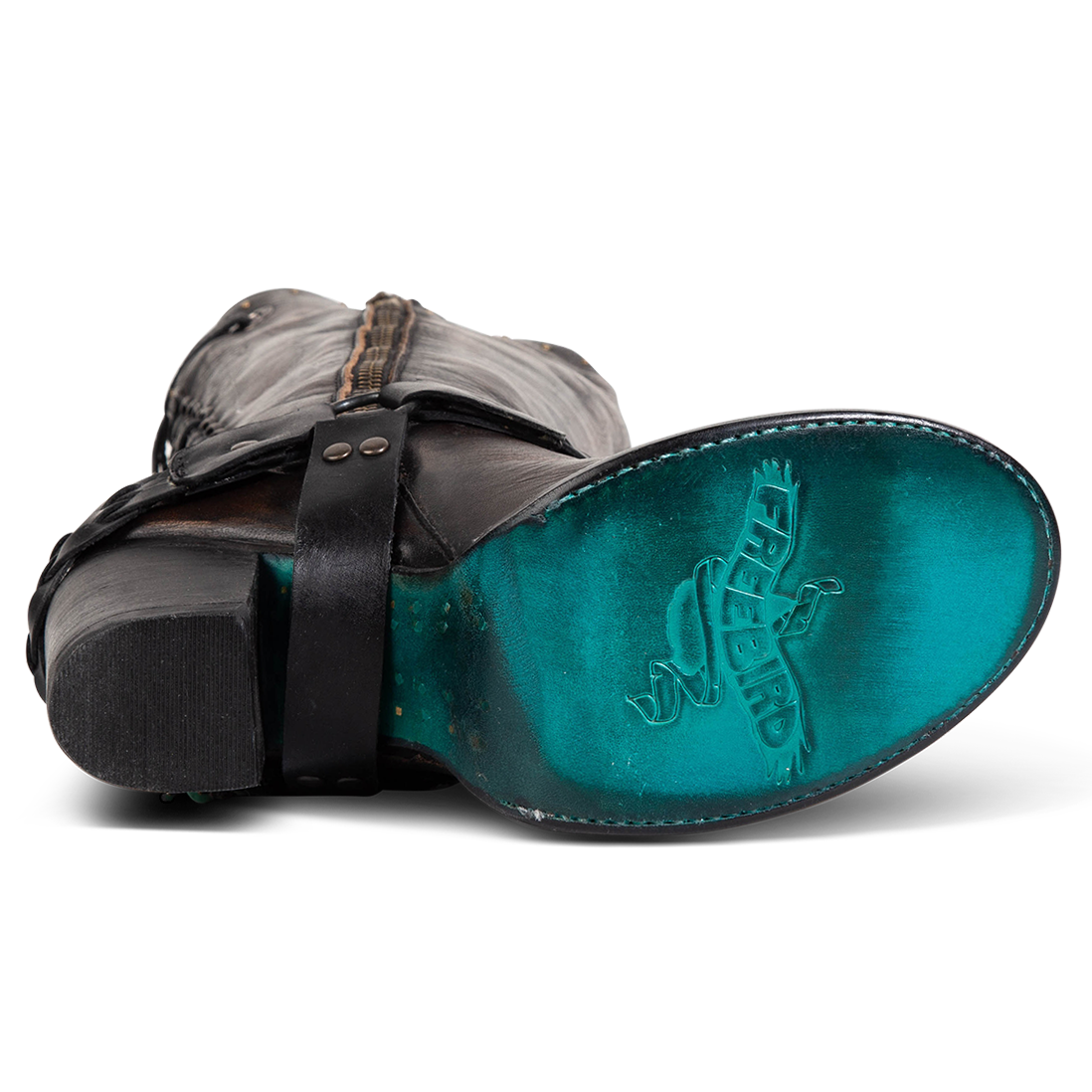 Turquoise leather sole imprinted with FREEBIRD on women's Buck black boot