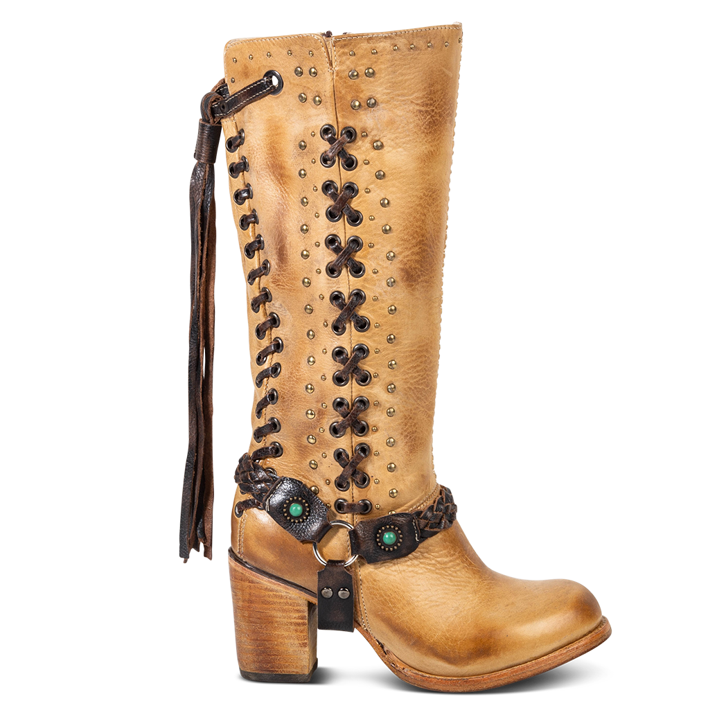 FREEBIRD women's Buck tan leather tall boot with shaft lacing and stud detailing