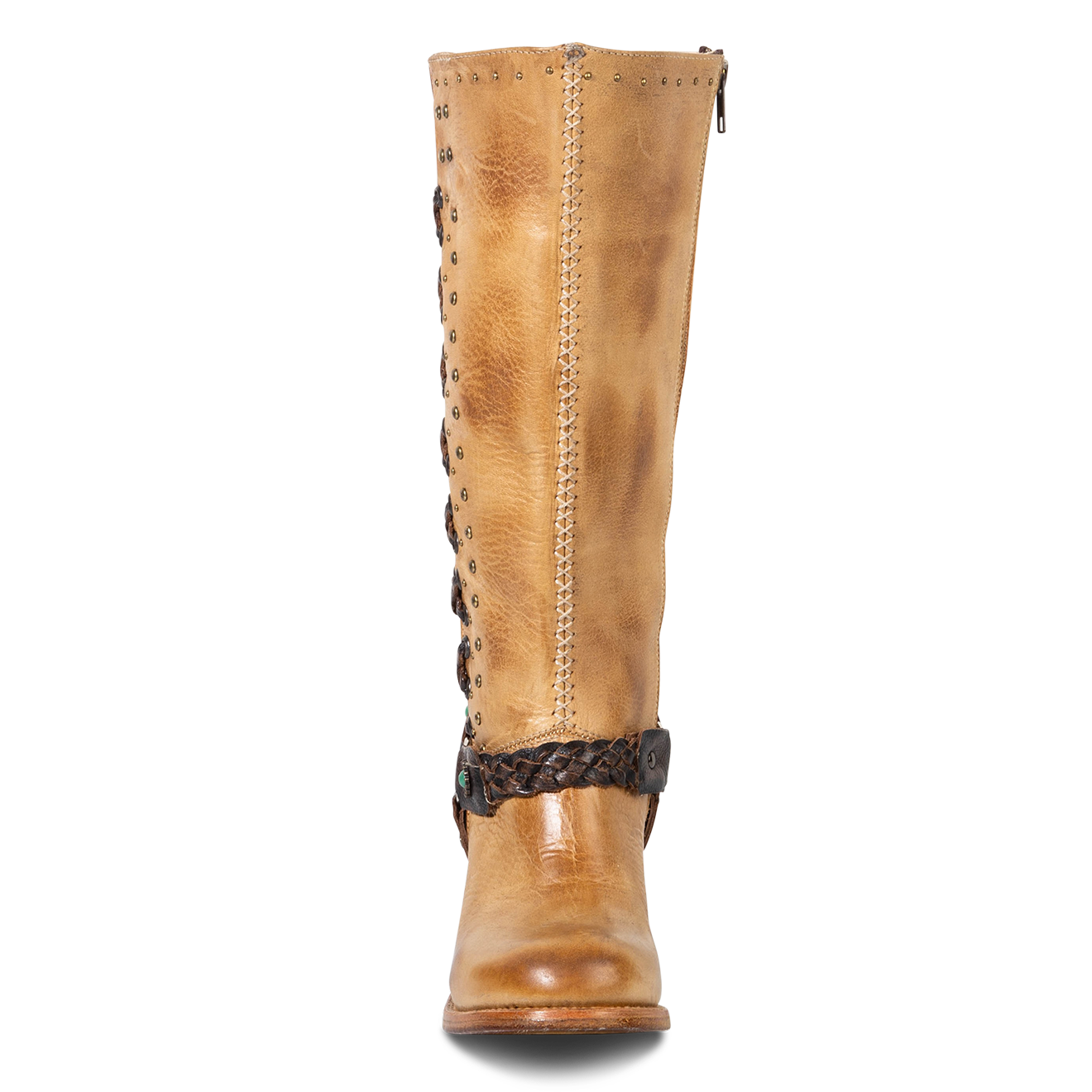 Front view showing leather shaft with circumference stud detailing and braided ankle harness on FREEBIRD women's Buck tan boot