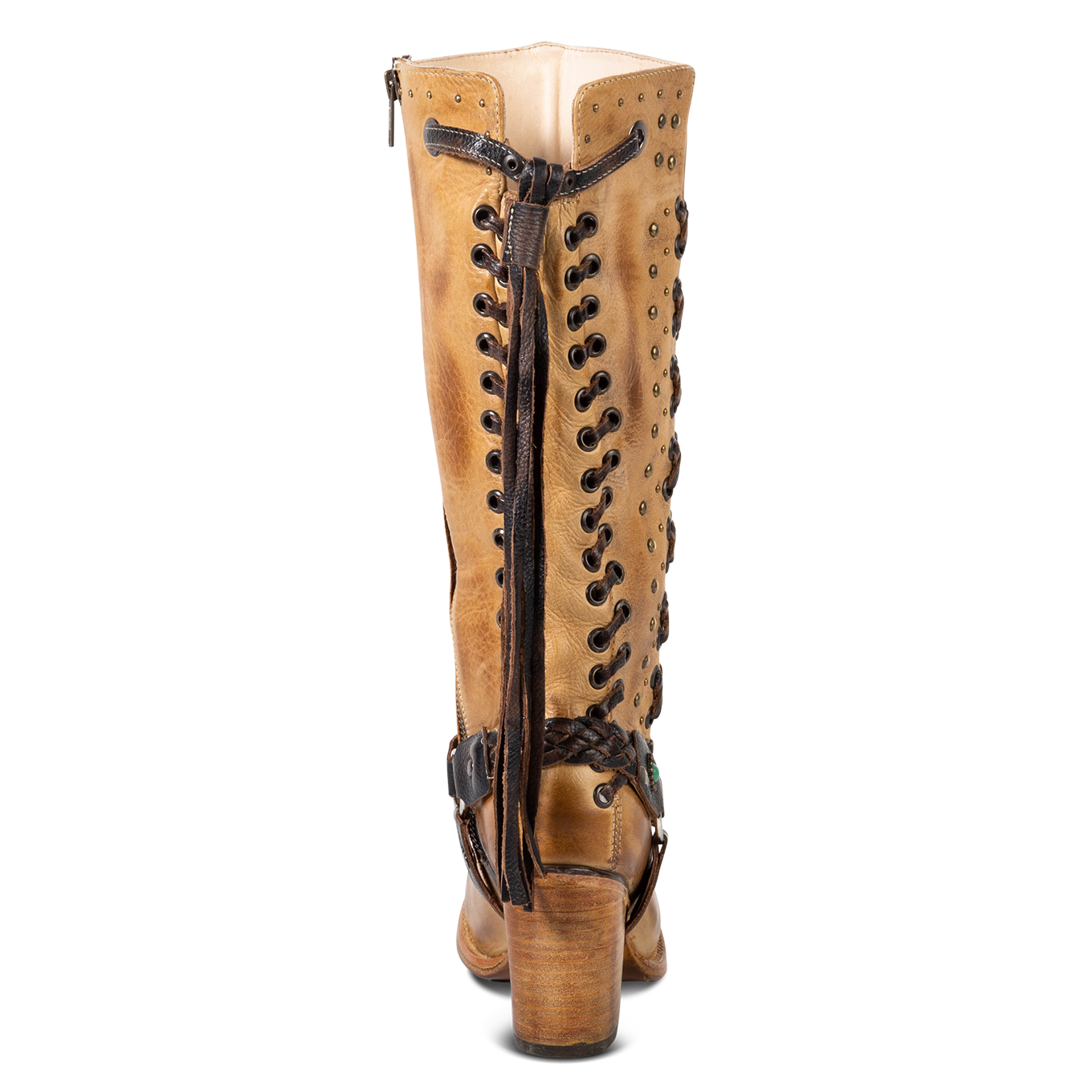 Back view showing shaft lace detailing and high leather wrapped heel on FREEBIRD women's Buck tan boot