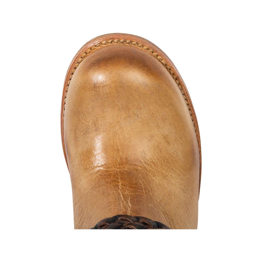 Top view showing round toe construction on FREEBIRD women's Buck tan boot