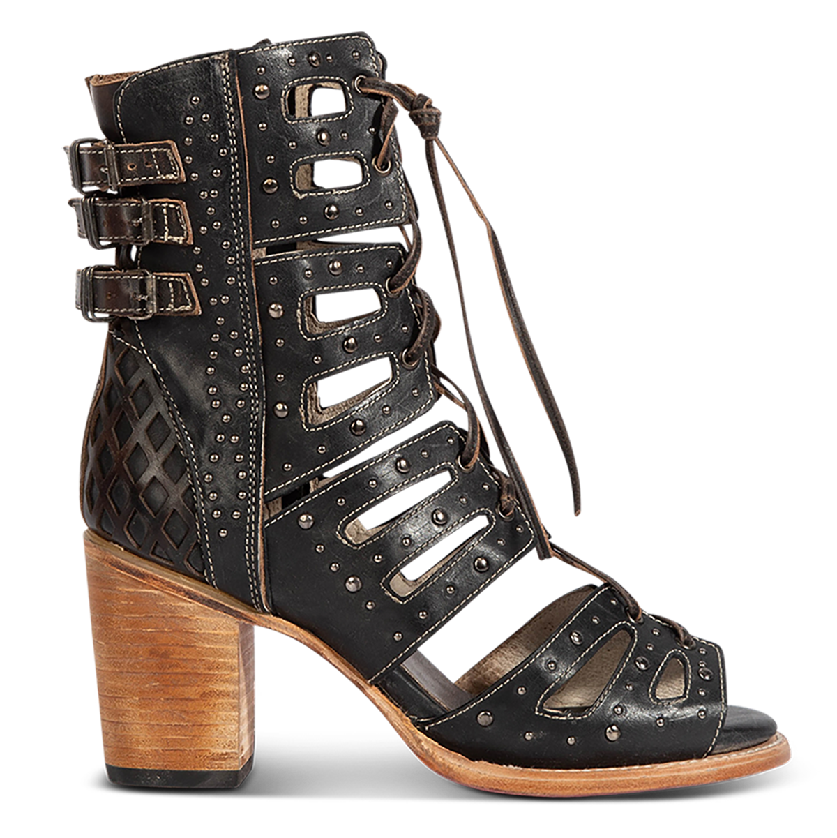 FREEBIRD women's BUD black leather sandal with laser-cut heel paneling, front leather lacing, silver stud detailing and a lifted heel