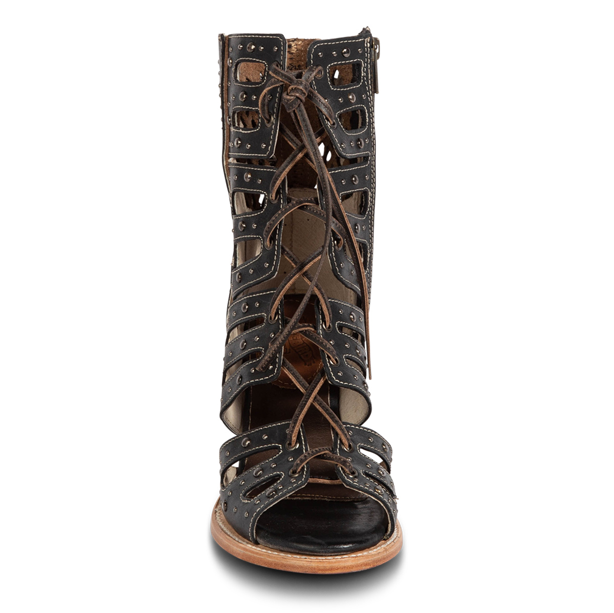 Front view showing an open silhouette and leather lace front closure on FREEBIRD women's BUD black leather sandals