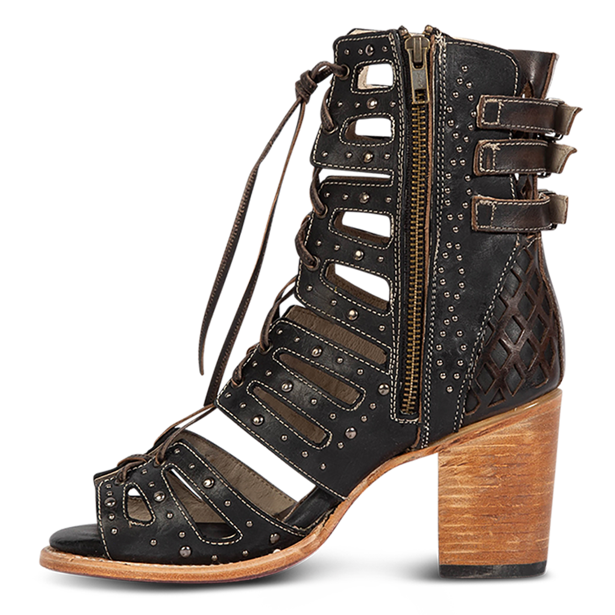 Inside view showing FREEBIRD women's BUD black leather sandal with laser-cut heel paneling, front leather lacing, silver stud detailing and a lifted heel