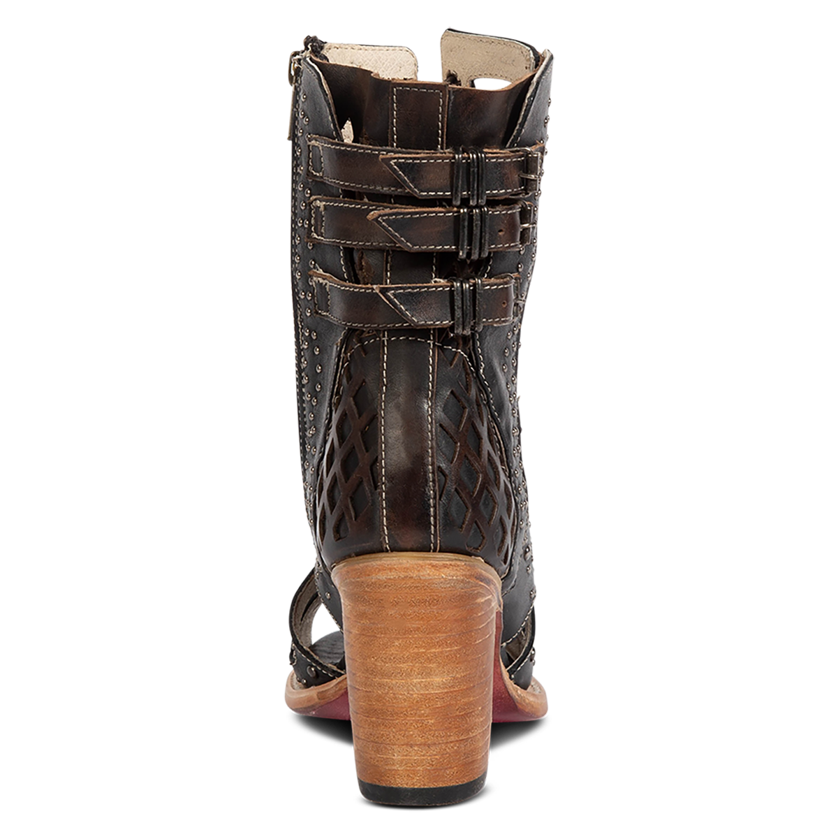 Back view showing FREEBIRD women's BUD black leather sandal with laser-cut heel paneling, silver stud detailing and a lifted heel