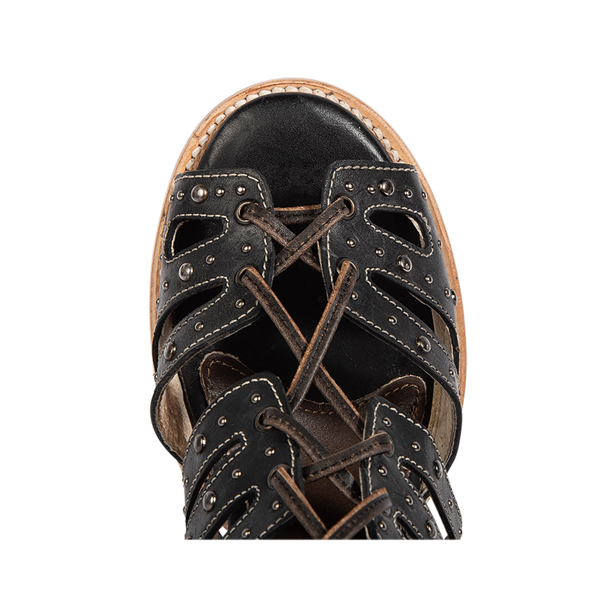Top view showing a round toe construction on FREEBIRD women's BUD black leather sandal 