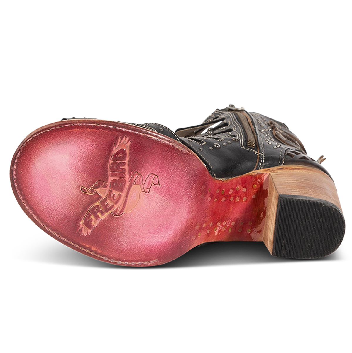 Leather sole imprinted with FREEBIRD on women's BUD black leather sandal