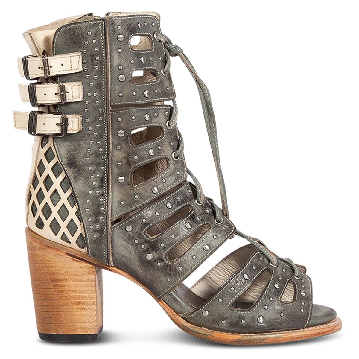 FREEBIRD women's BUD blue leather sandal with laser-cut heel paneling, front leather lacing, silver stud detailing and a lifted heel