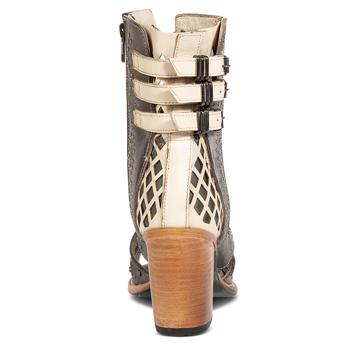 Back view showing FREEBIRD women's BUD blue leather sandal with laser-cut heel paneling, silver stud detailing and a lifted heel