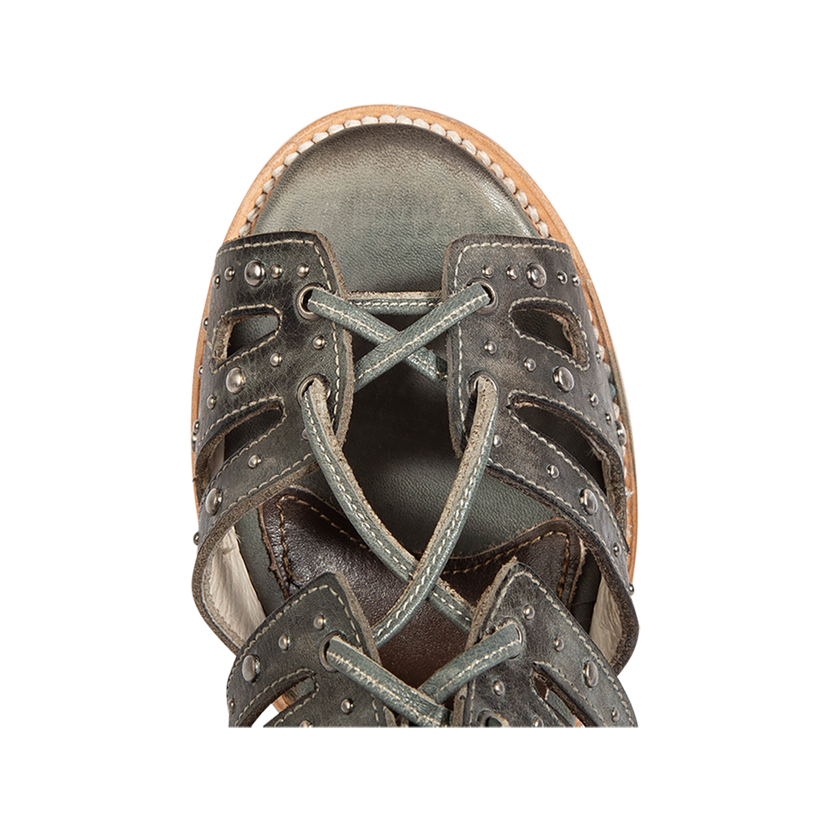 Top view showing a round toe construction on FREEBIRD women's BUD blue leather sandal 