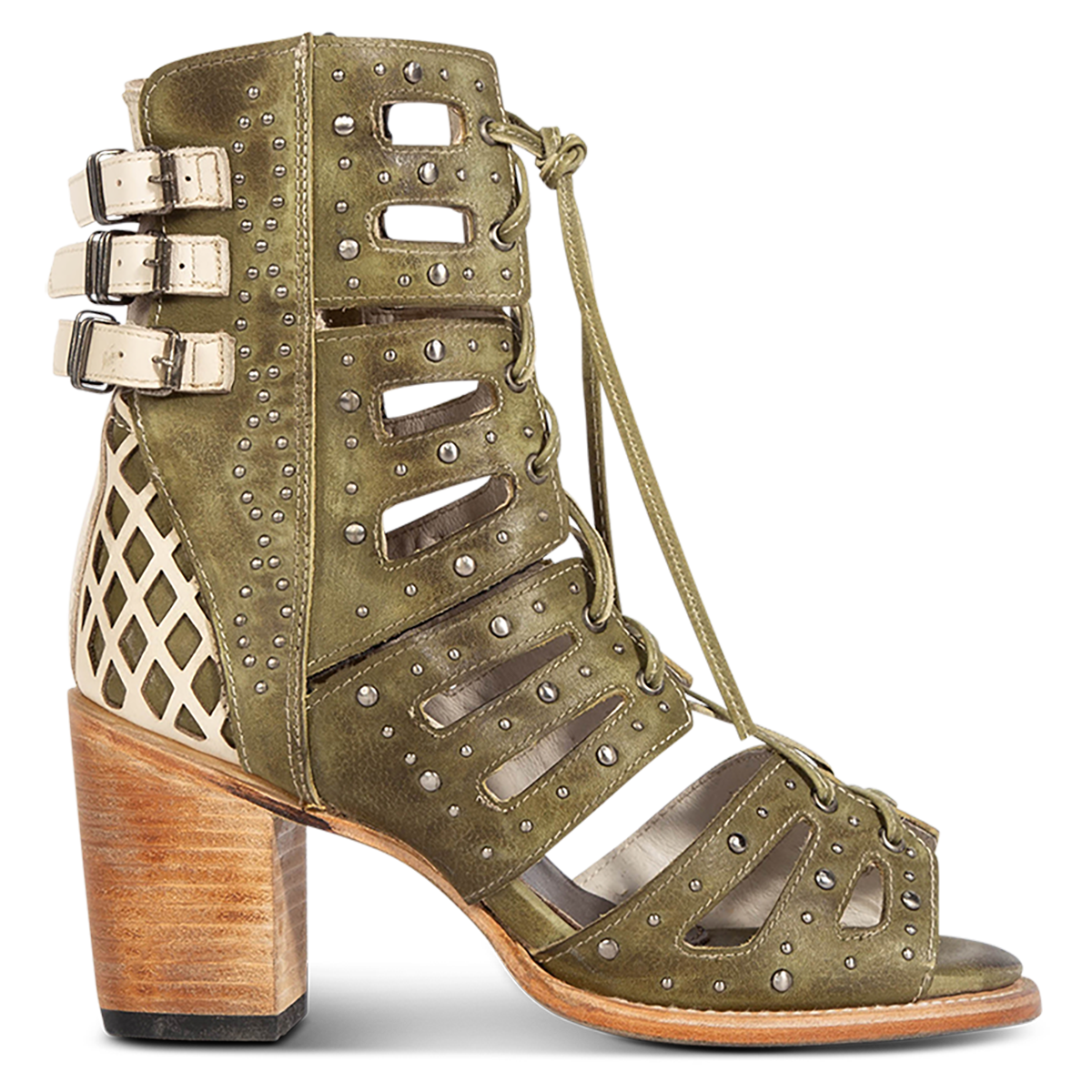 FREEBIRD women's BUD green leather sandal with laser-cut heel paneling, front leather lacing, silver stud detailing and a lifted heel