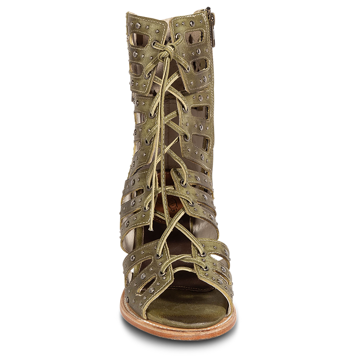 Front view showing an open silhouette and leather lace front closure on FREEBIRD women's BUD green leather sandals