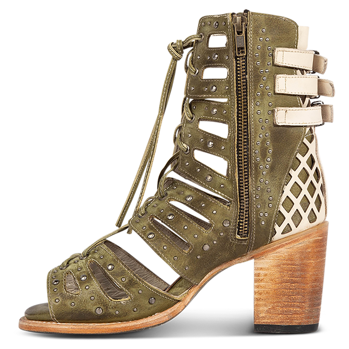 Inside view showing FREEBIRD women's BUD green leather sandal with laser-cut heel paneling, front leather lacing, silver stud detailing and a lifted heel