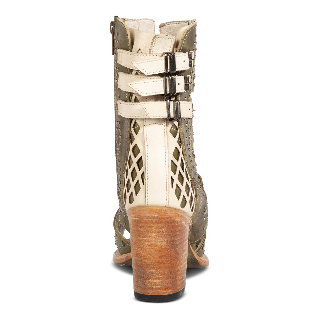 Back view showing FREEBIRD women's BUD green leather sandal with laser-cut heel paneling, silver stud detailing and a lifted heel